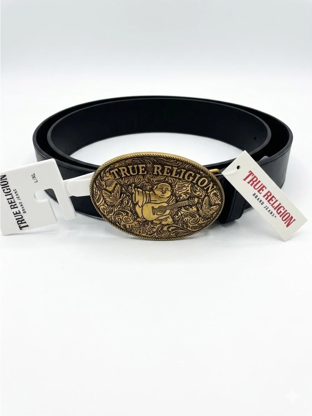 True Religion Black Leather Belt Bold Buddha Buckle L/XL NWT